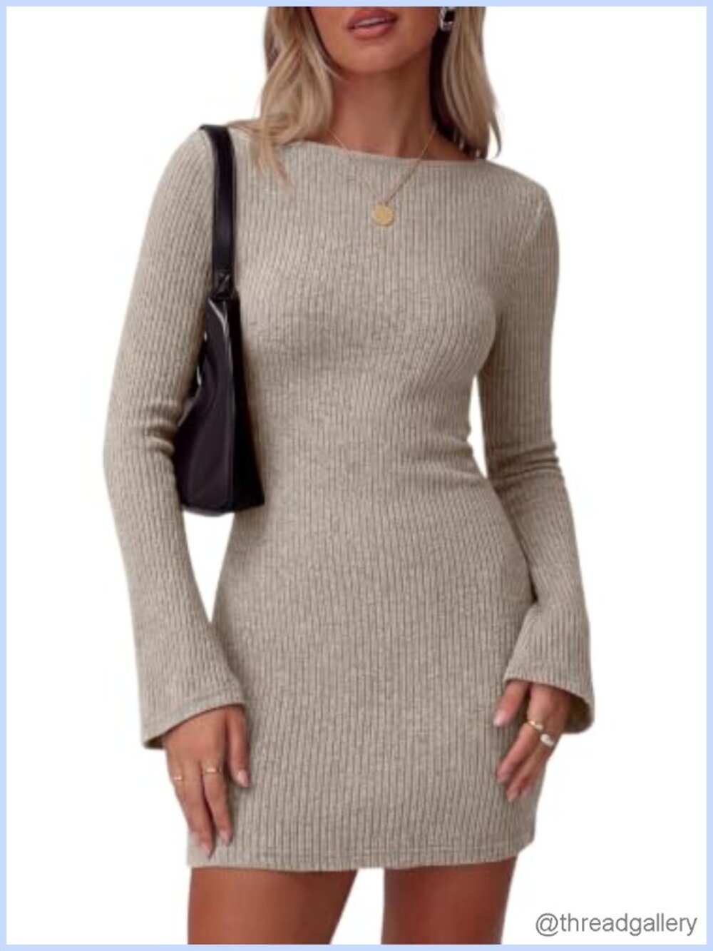 Women's Boat Neck Bell Sleeve Ribbed Knit Mini Sweater Dress Bodycon